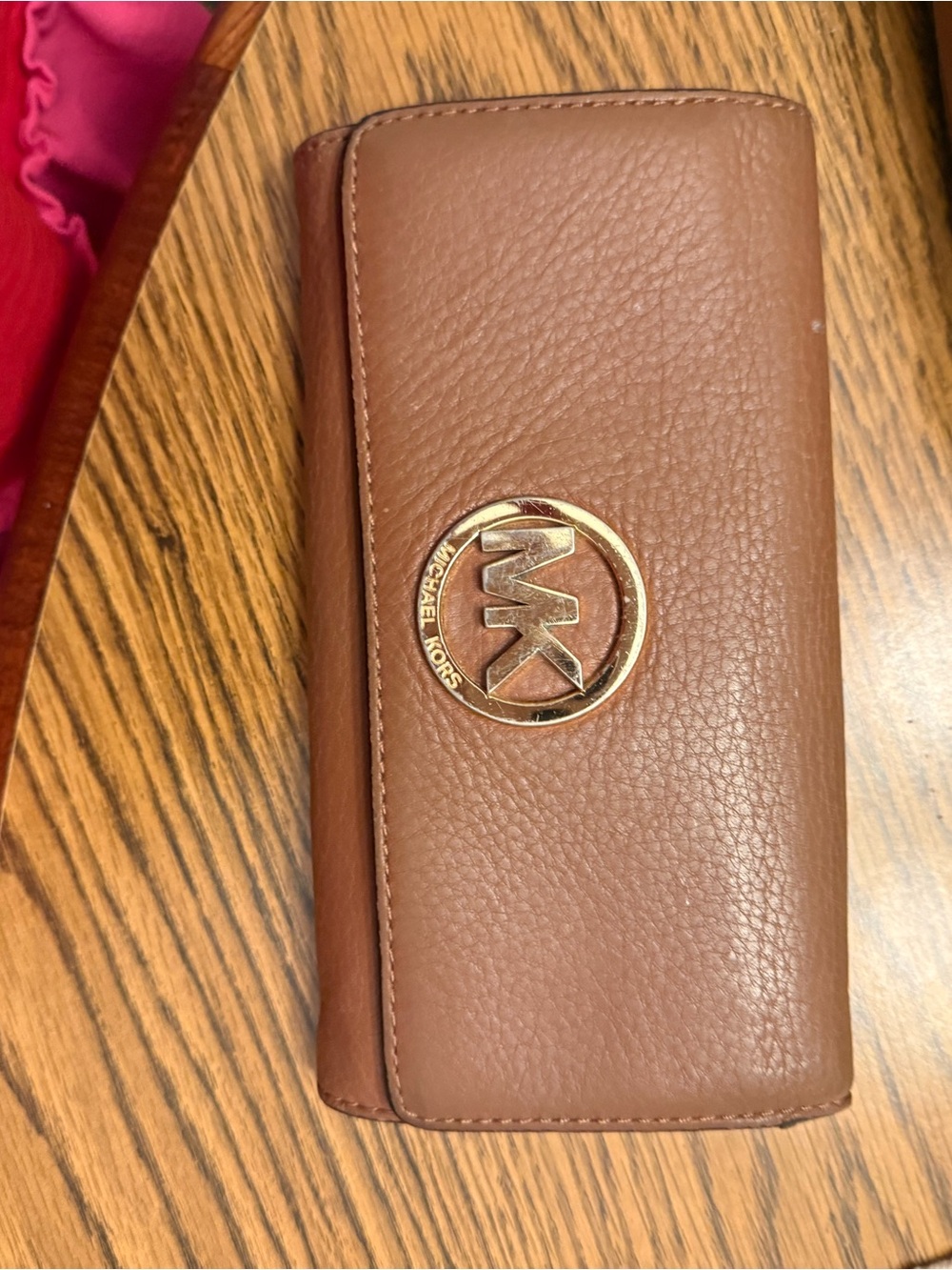 Michael Kors Tan Pebbled Leather Continental Wallet with Gold MK Logo